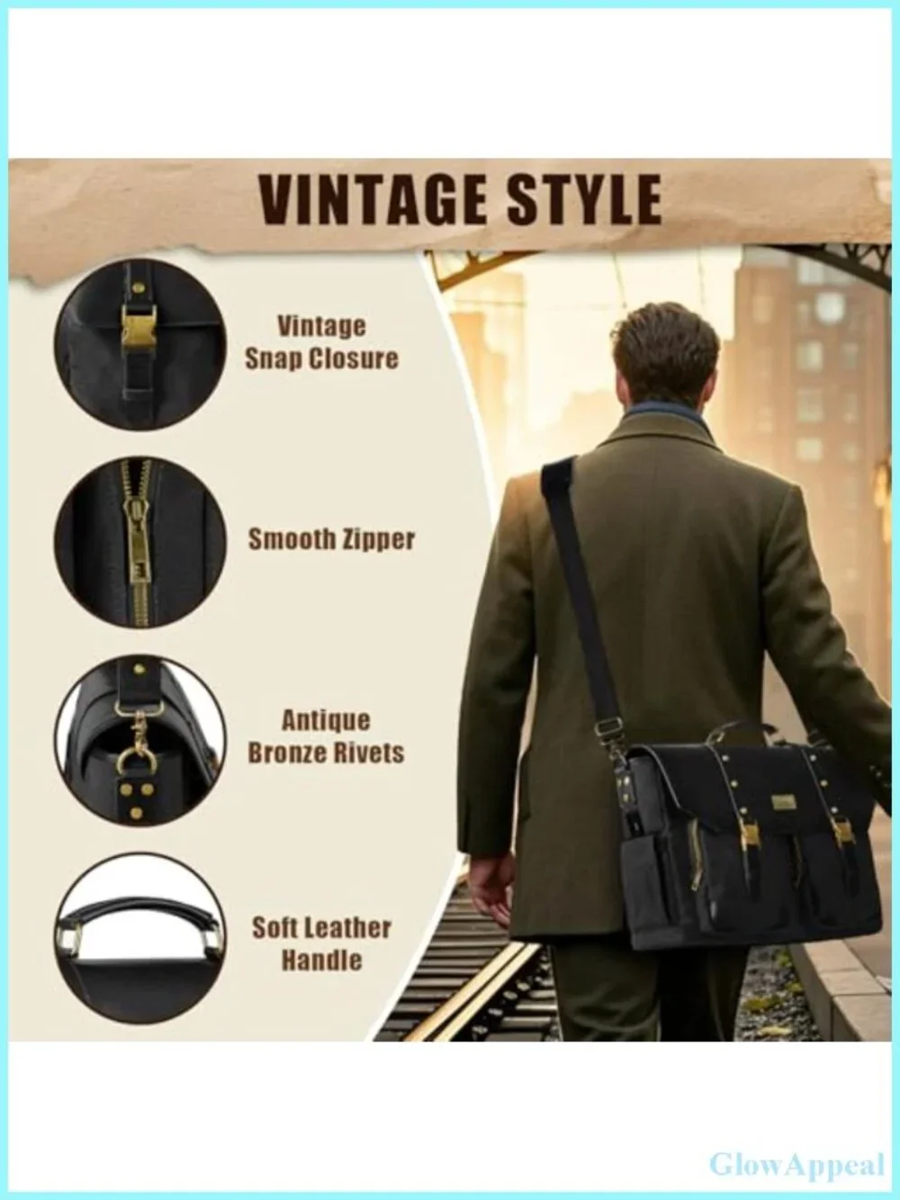 Vintage Messenger Bag with USB Port, Large Canvas PU Laptop Bag